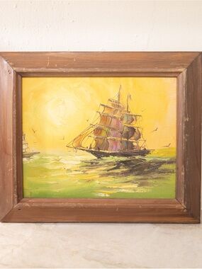 Vintage Nautical Tall Ship Oil Painting | Golden Sunset Seascape in Wood Frame
